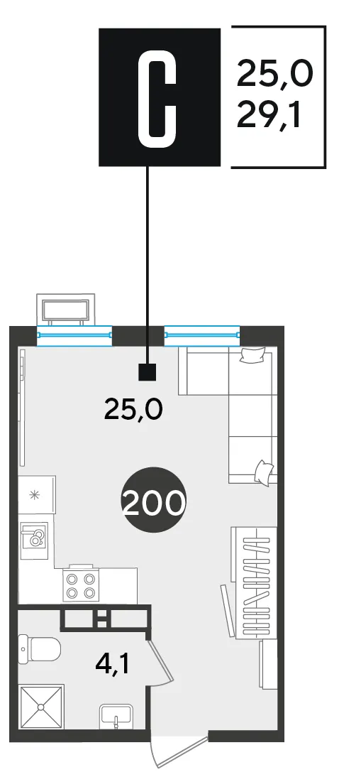 Студия 29.1 м²