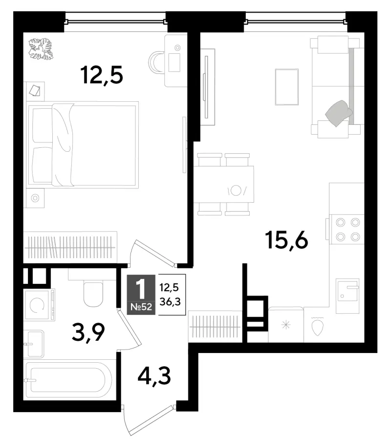 1-комн. 36.3 м²