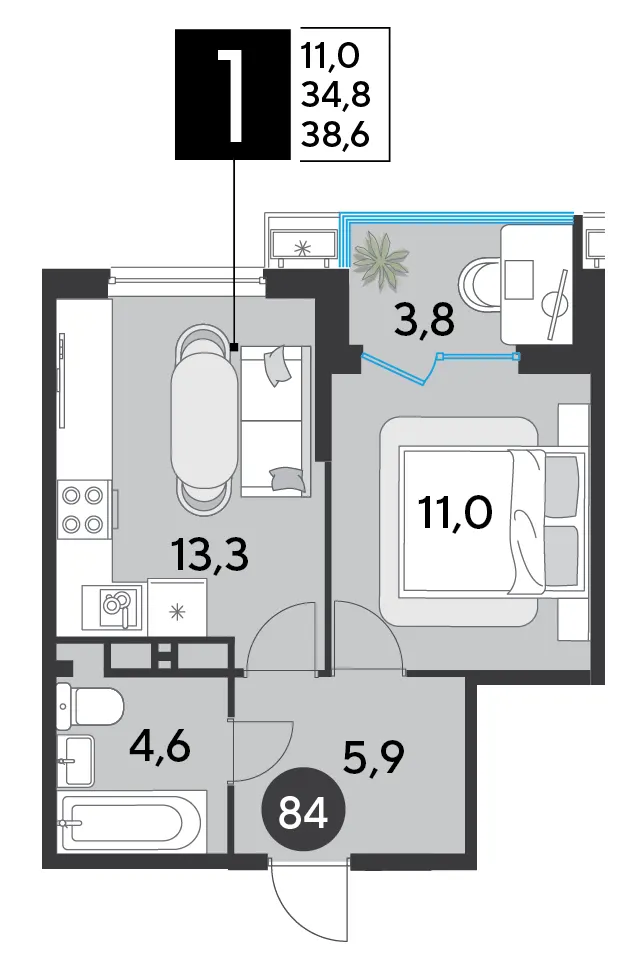 1-комн. 38.6 м²