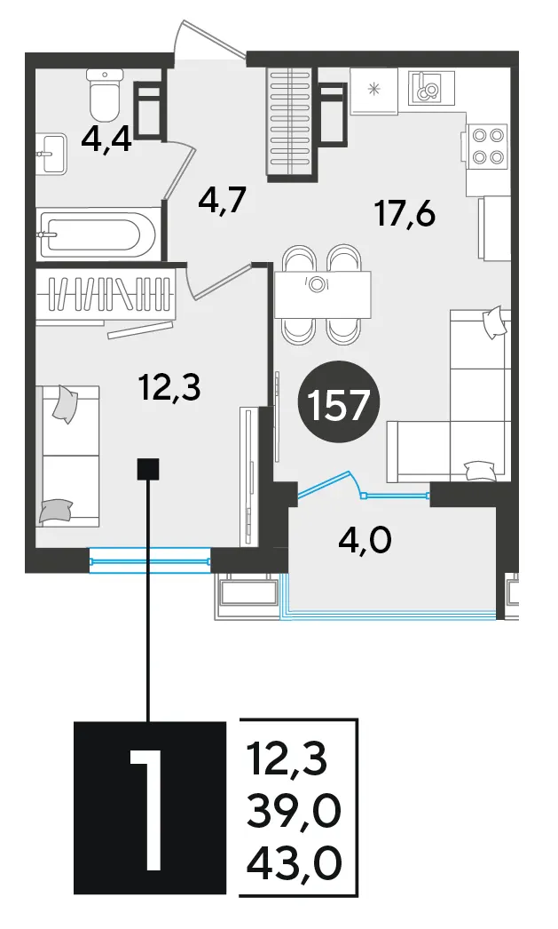 1-комн. 43 м²