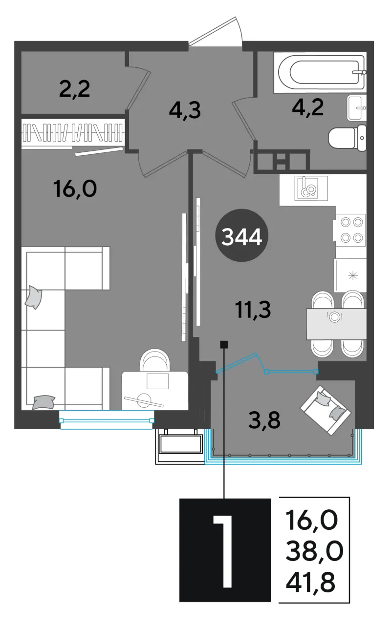 1-комн. 42.1 м²