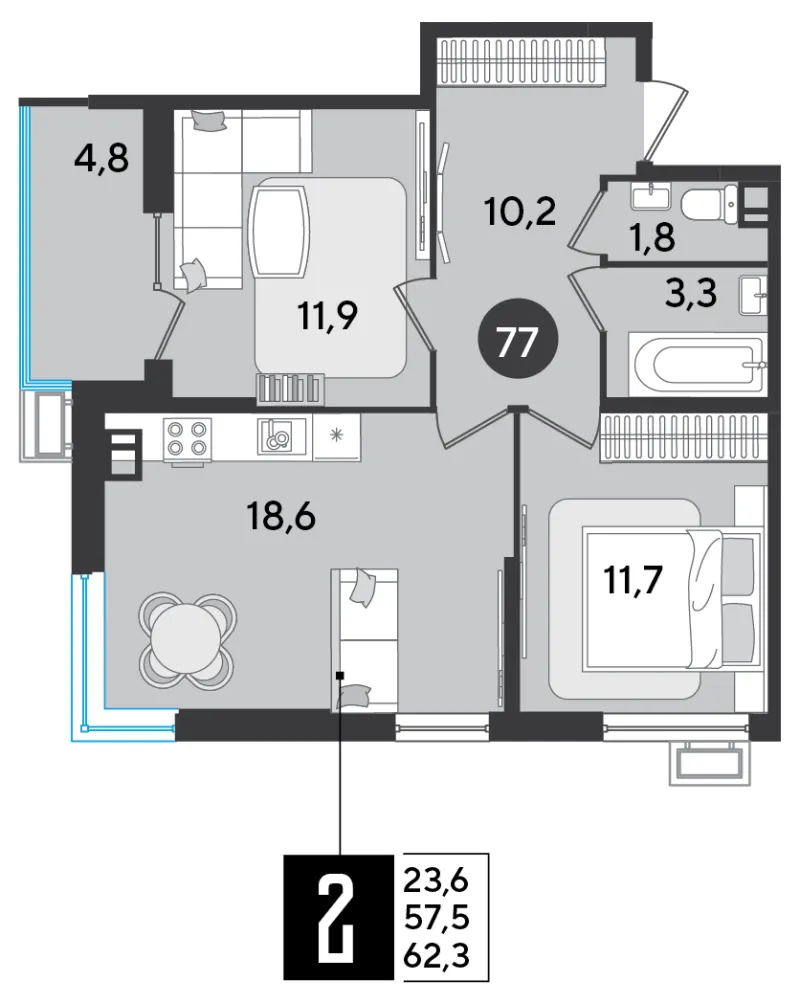 2-комн. 62.3 м²
