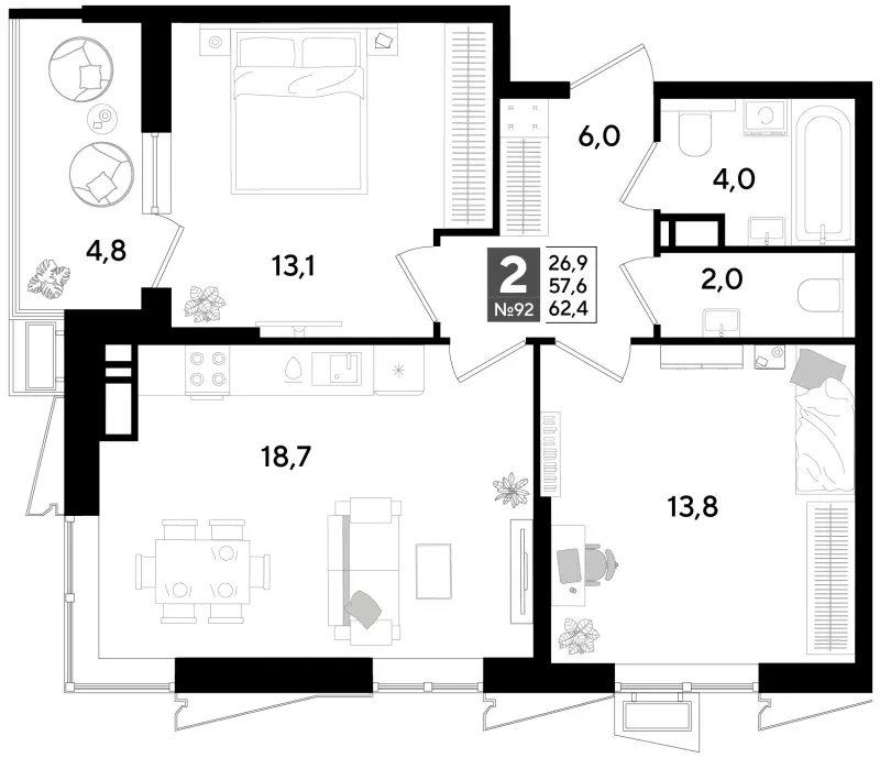 2-комн. 62.4 м²