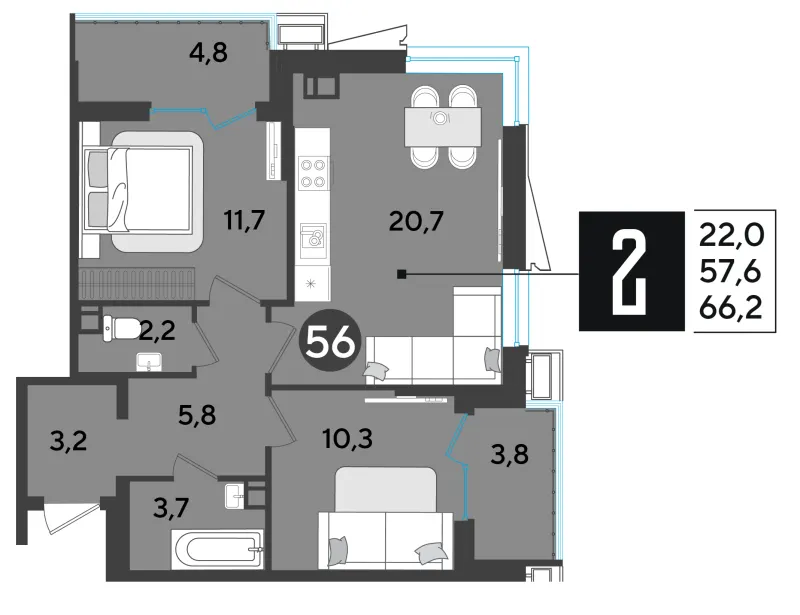2-комн. 66.7 м²