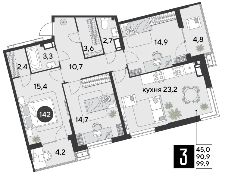3-комн. 99.9 м²