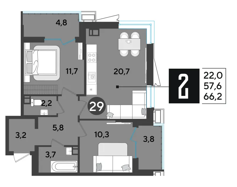 2-комн. 66.3 м²