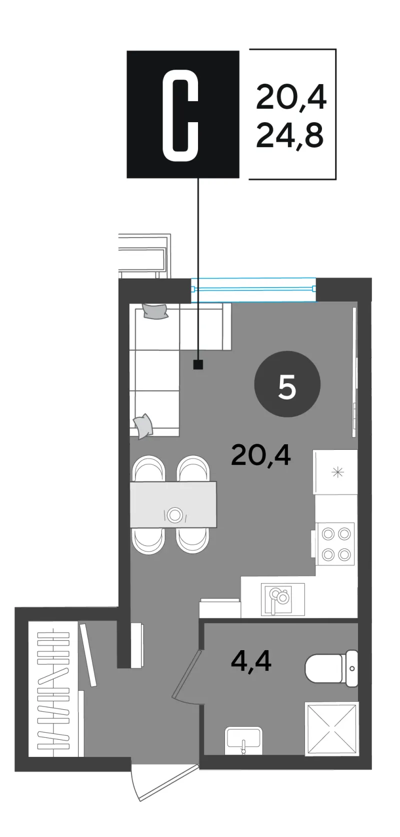 Студия 24.9 м²