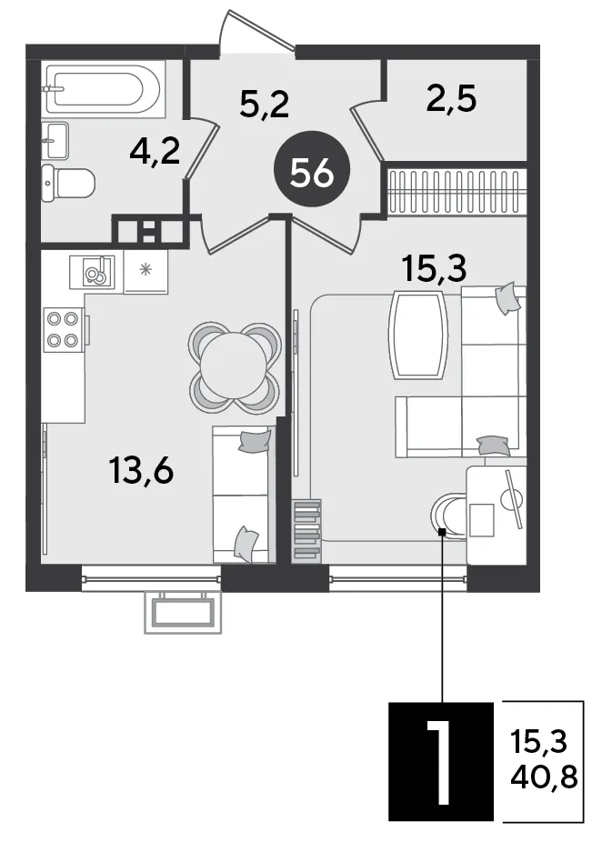 1-комн. 40.8 м²