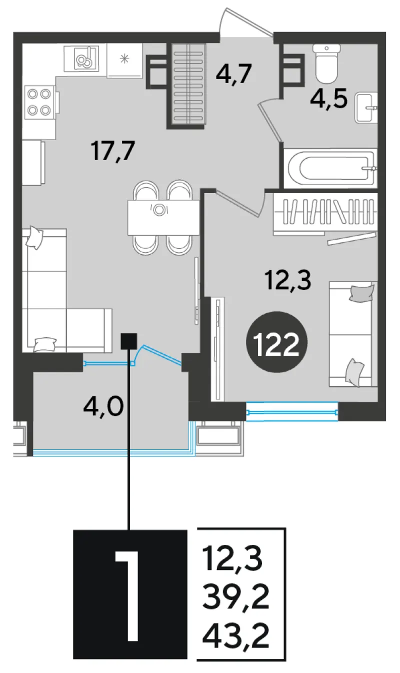 1-комн. 43.2 м²