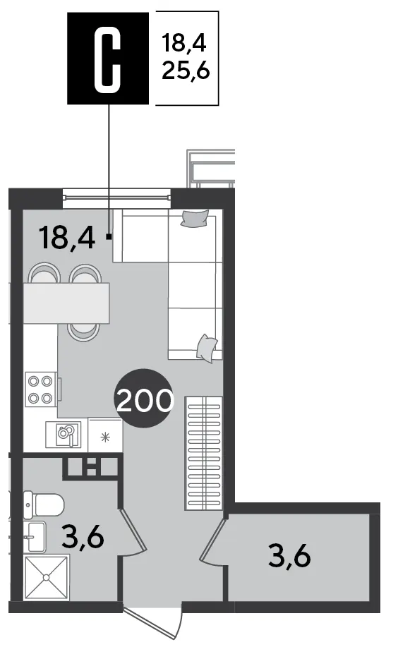 Студия 25.6 м²