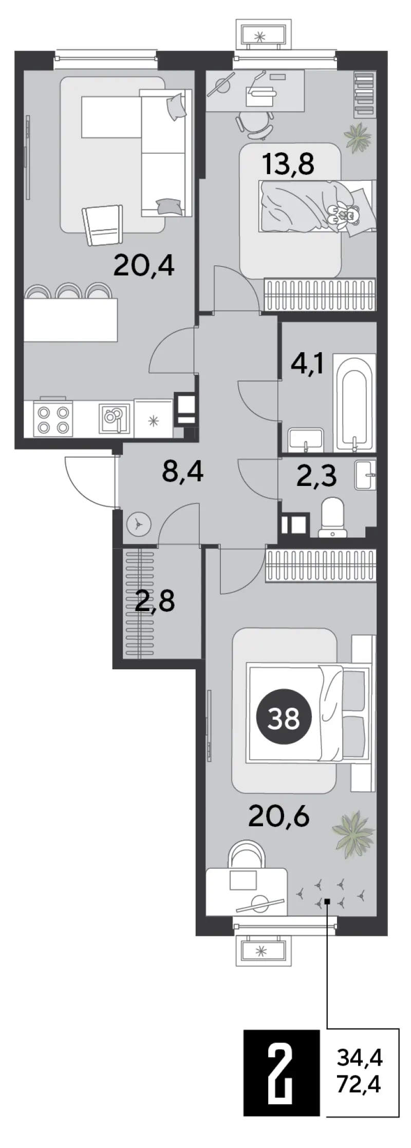2-комн. 72.4 м²