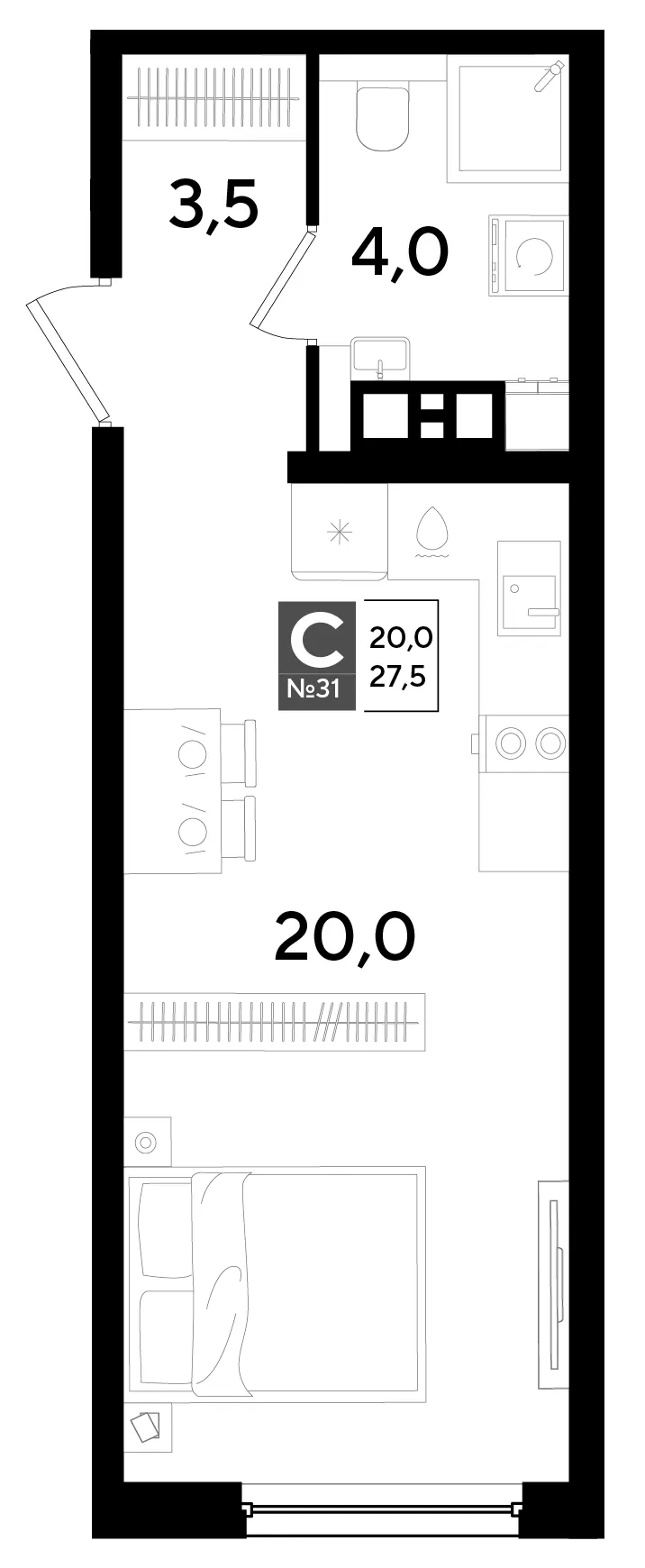 Студия 27.5 м²