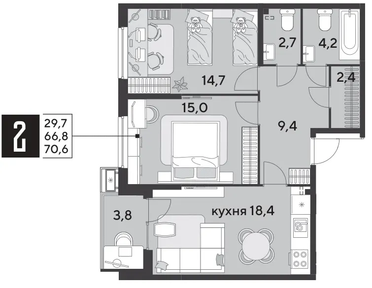 2-комн. 70.9 м²