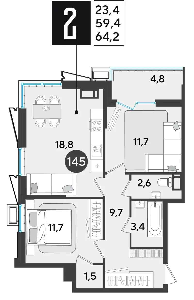 2-комн. 64.8 м²