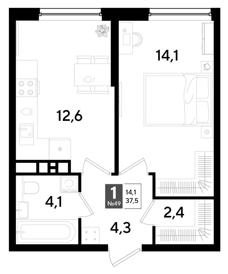 1-комн. 37.5 м²