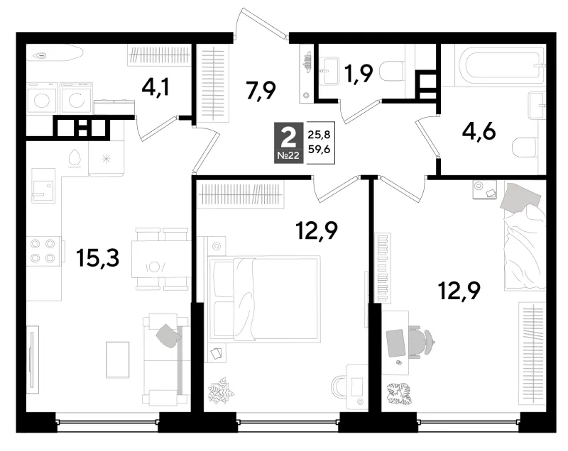 2-комн. 59.6 м²