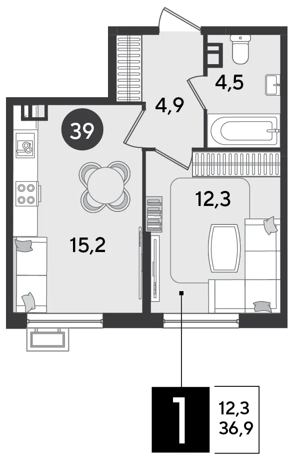 1-комн. 36.9 м²