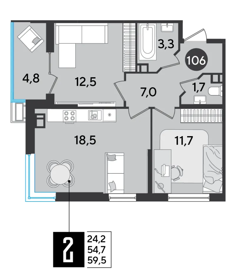 2-комн. 59.5 м²
