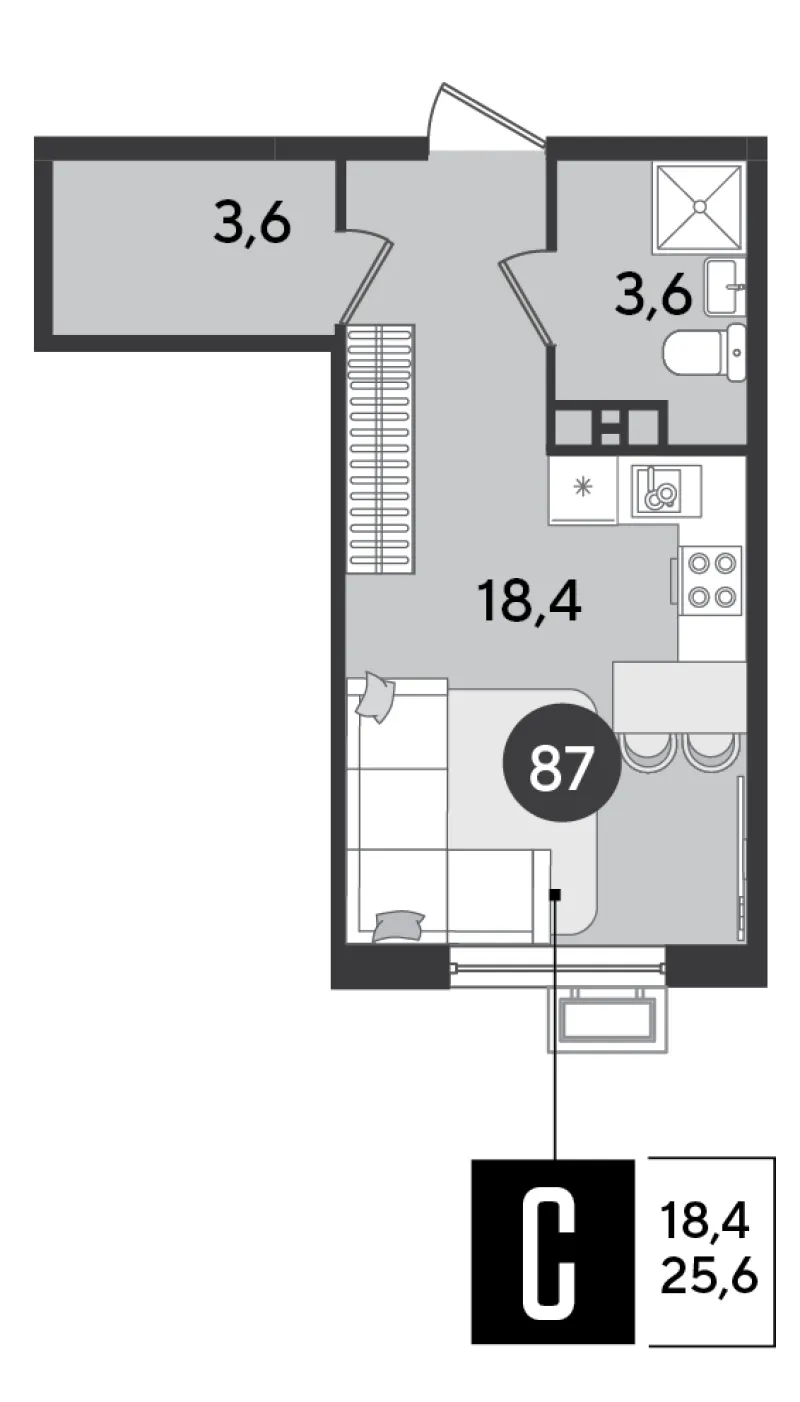 Студия 25.6 м²