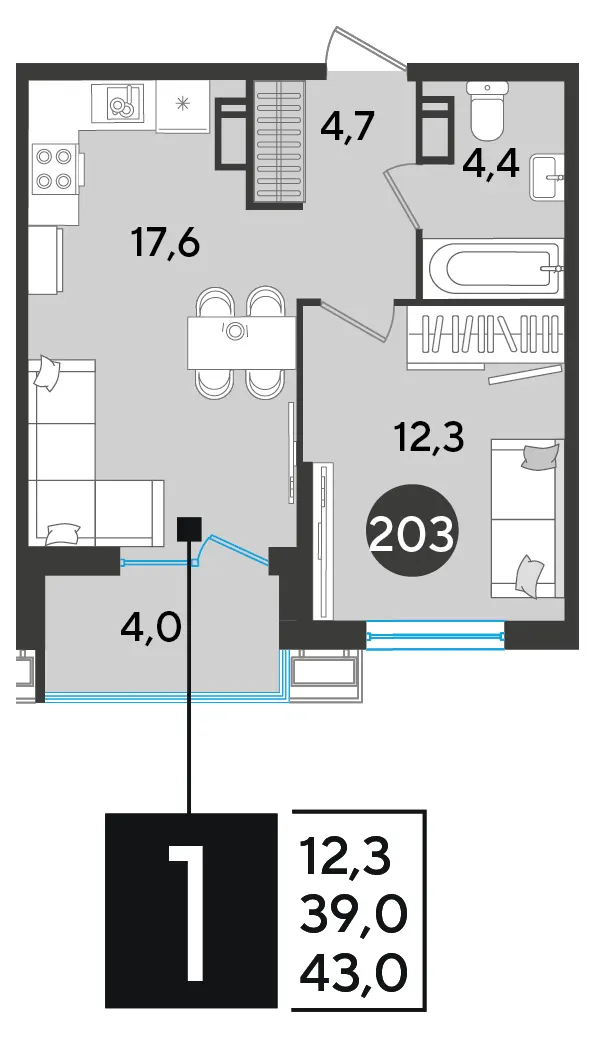 1-комн. 43 м²