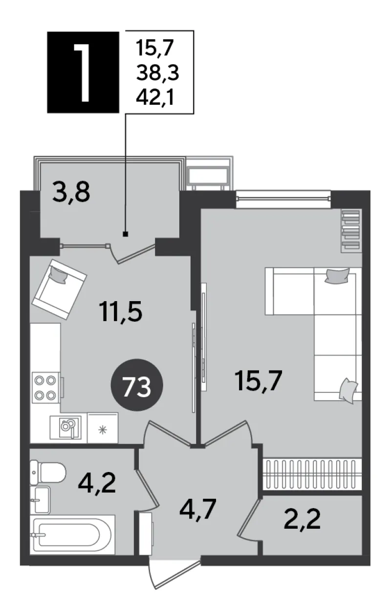 1-комн. 42.1 м²