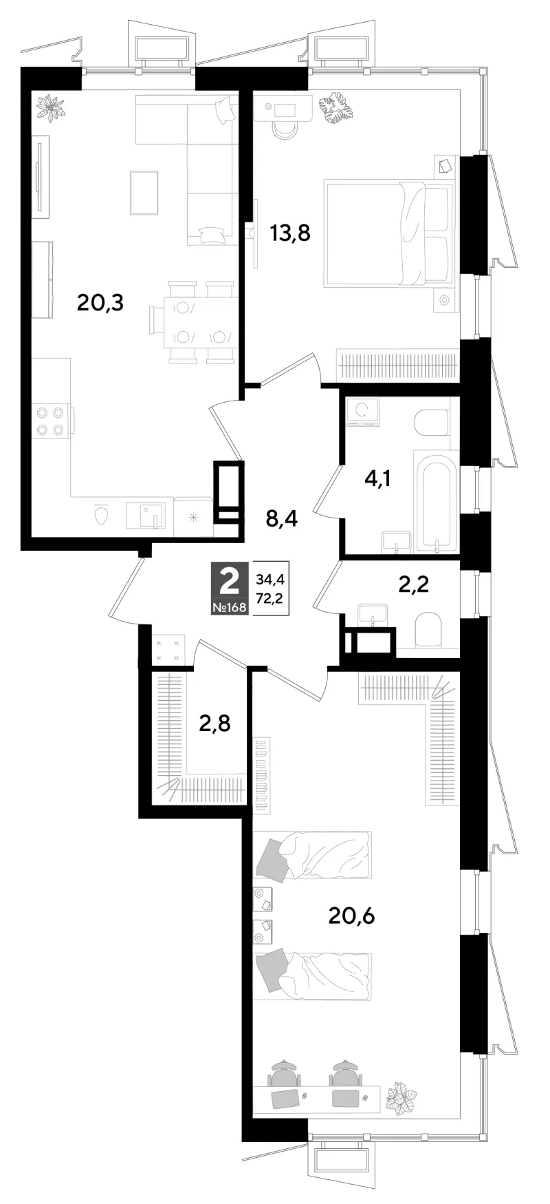 2-комн. 72.2 м²