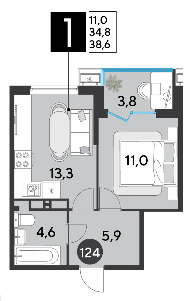 1-комн. 38.6 м²