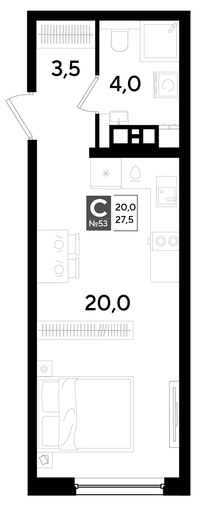 Студия 27.5 м²