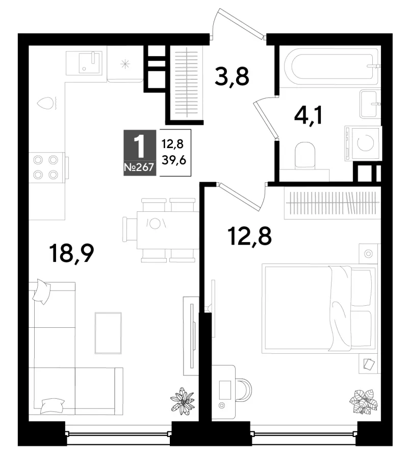 1-комн. 39.5 м²