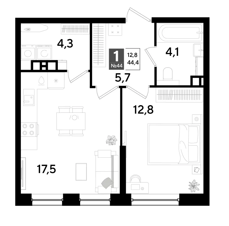 1-комн. 44.4 м²