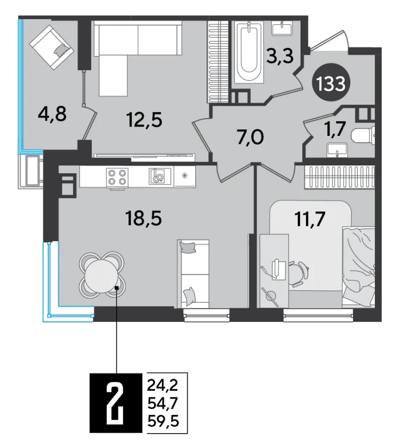 2-комн. 59.5 м²