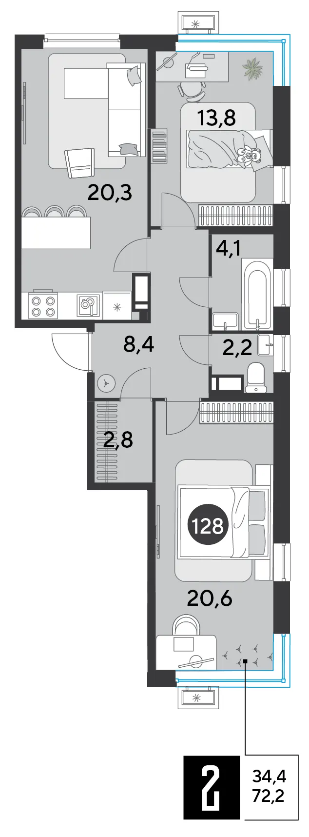 2-комн. 72.2 м²