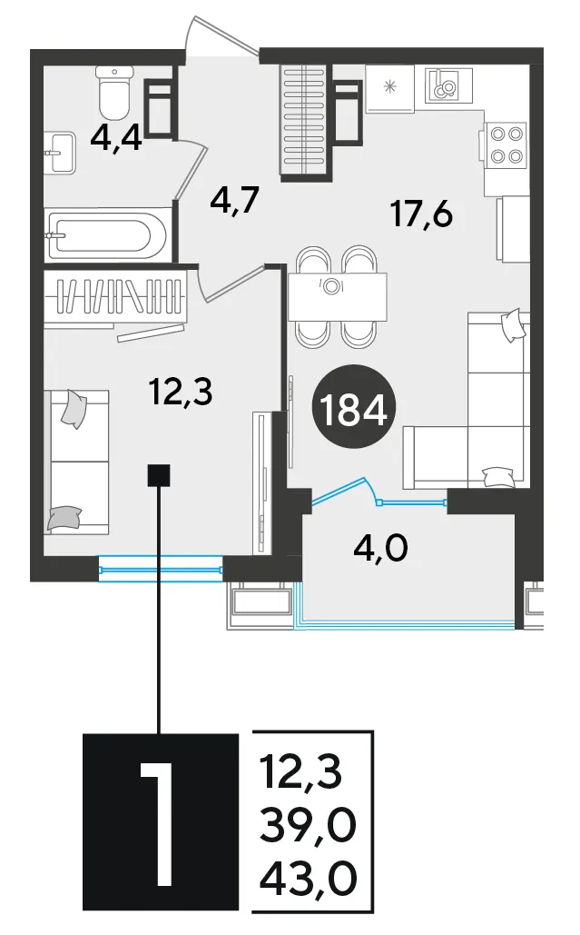 1-комн. 43 м²