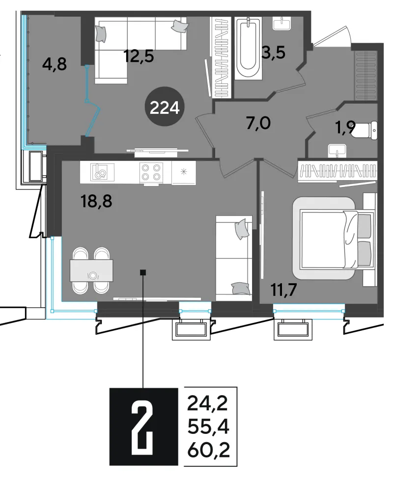 2-комн. 60.4 м²