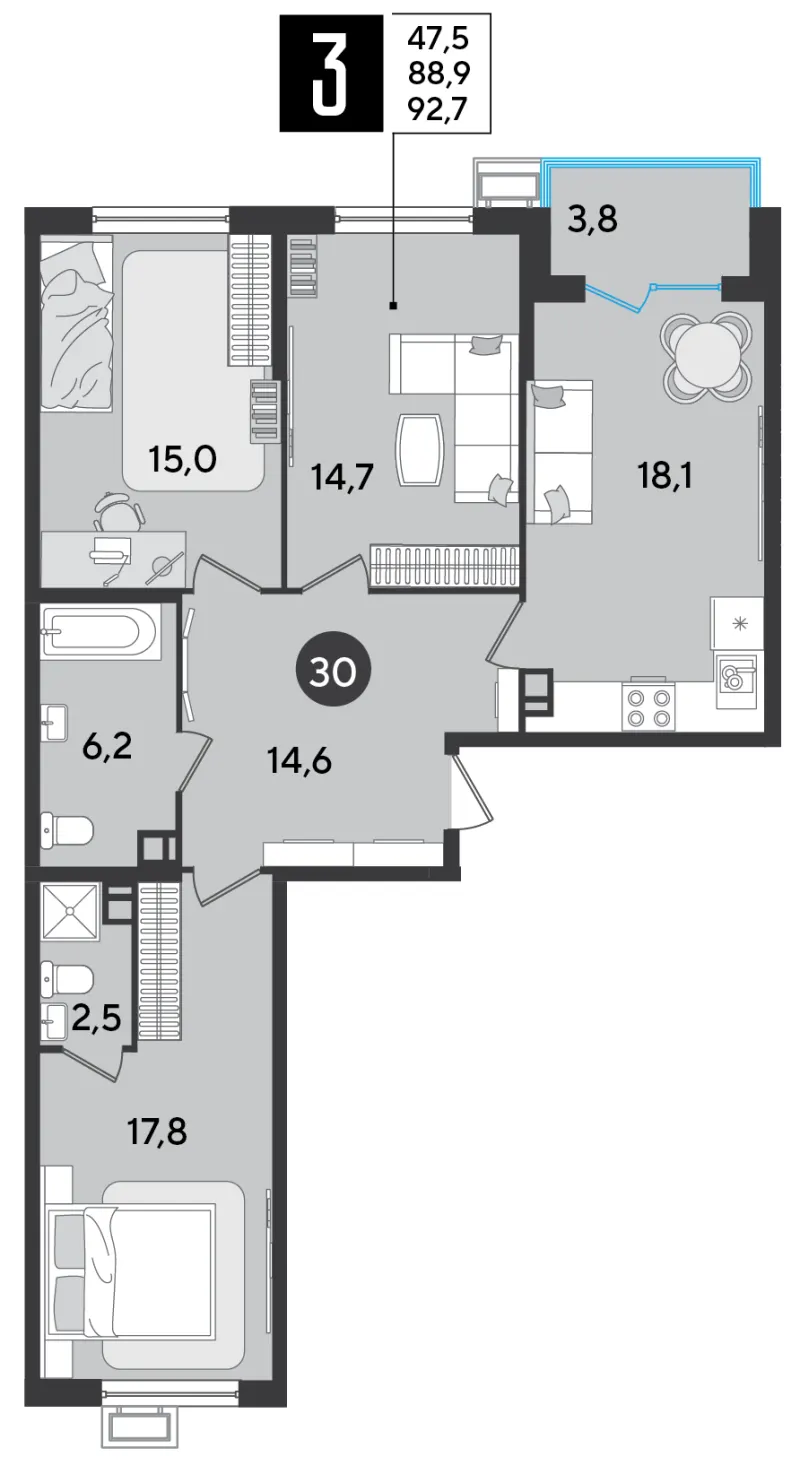 3-комн. 92.7 м²