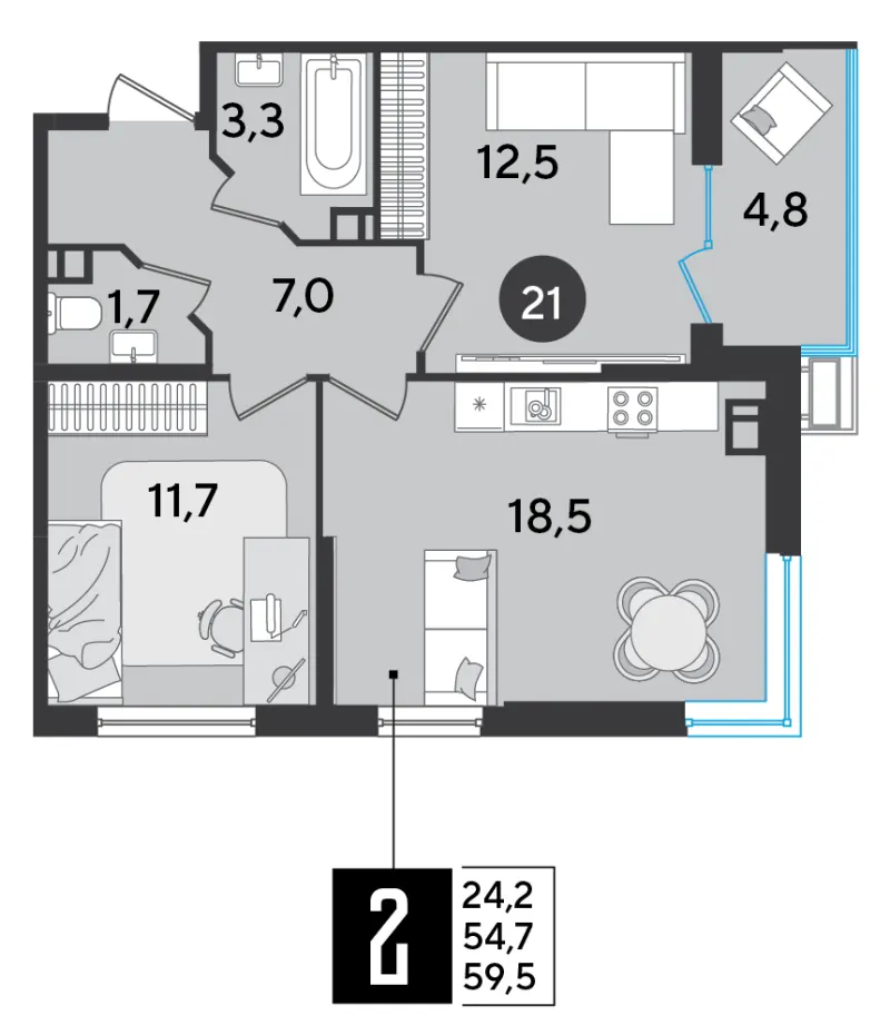 2-комн. 59.5 м²