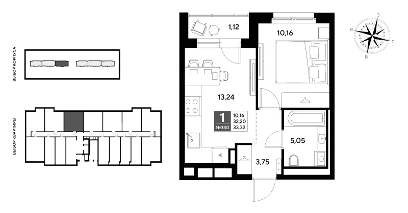 1-комн. 33.3 м²