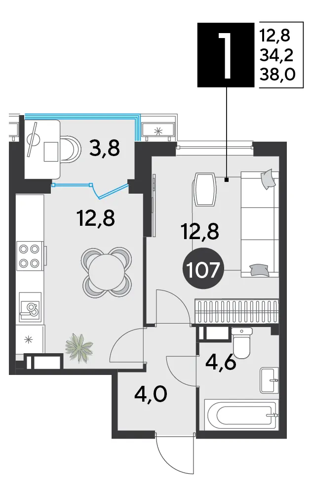 1-комн. 38 м²