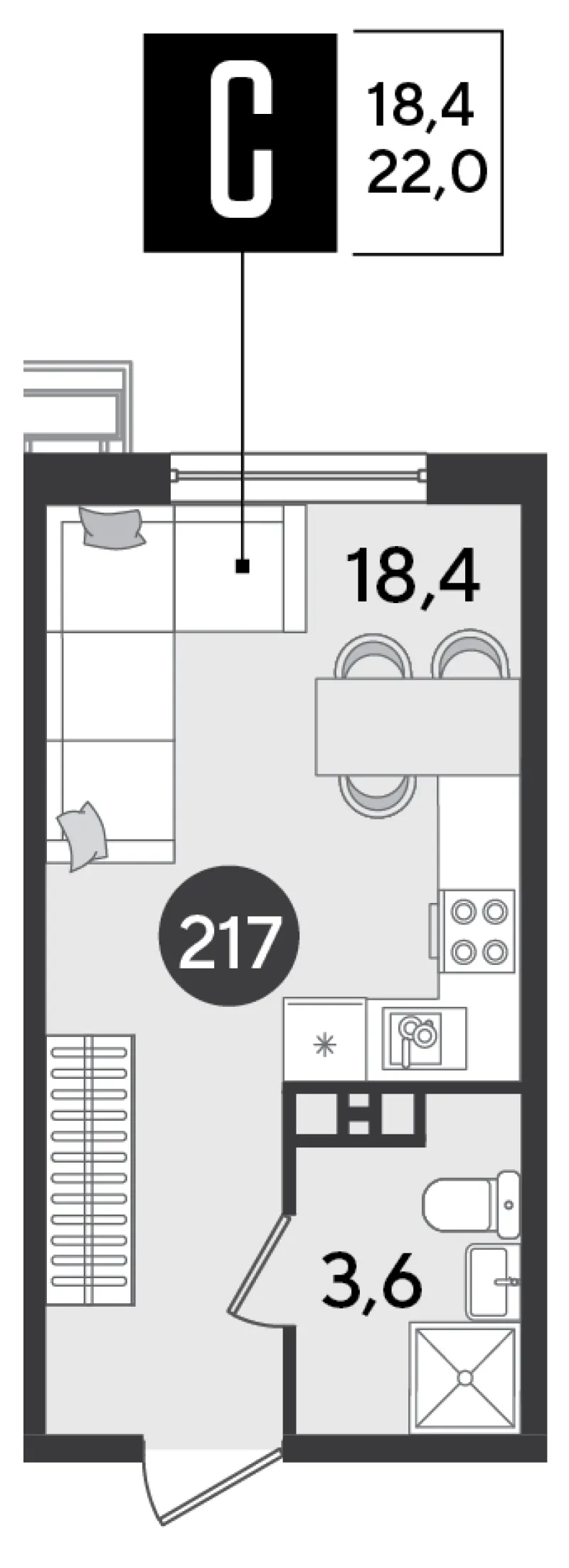 Студия 22 м²
