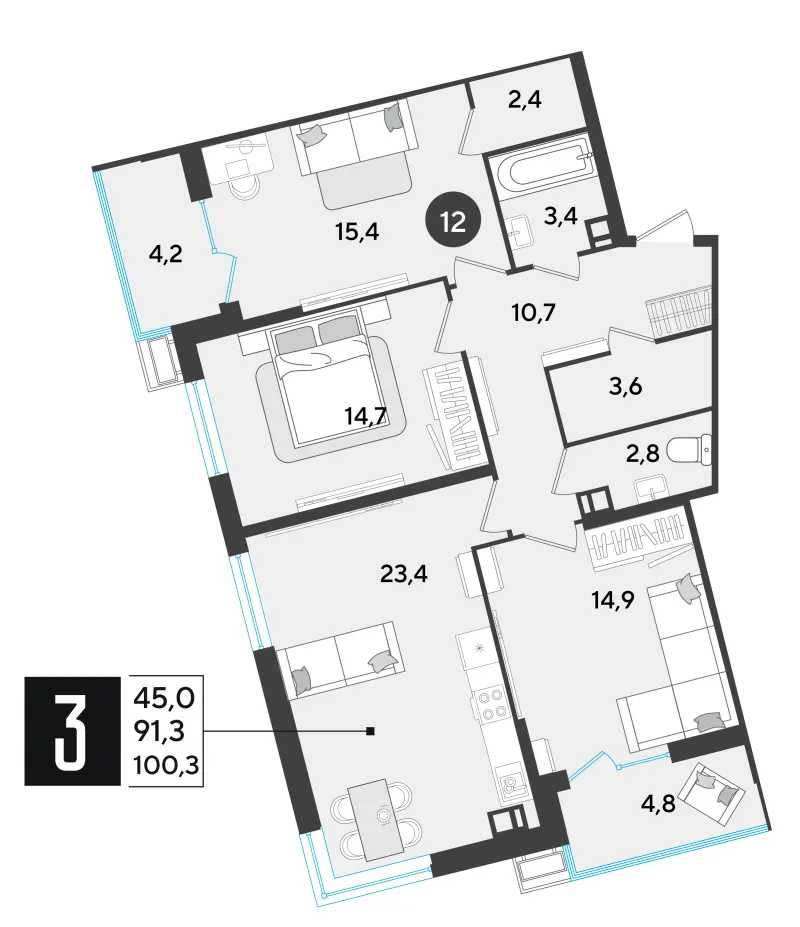 3-комн. 101.3 м²
