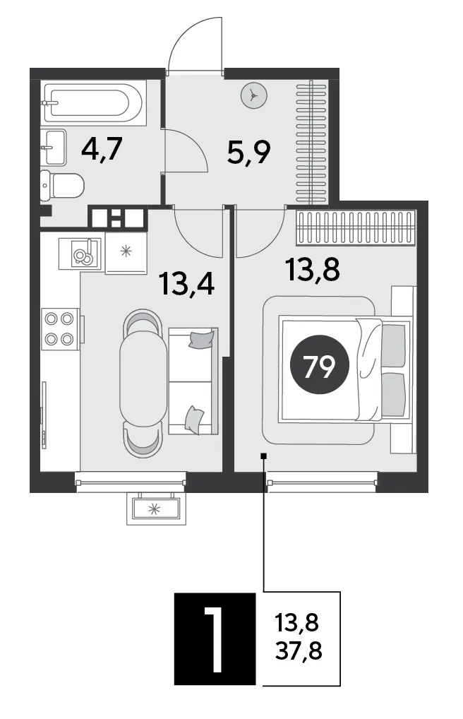 1-комн. 37.8 м²
