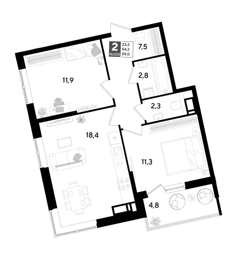 2-комн. 59 м²