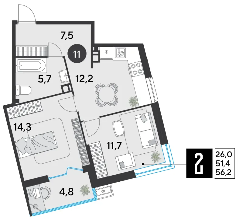 2-комн. 56.2 м²
