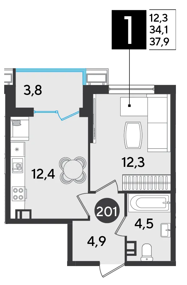 1-комн. 37.9 м²
