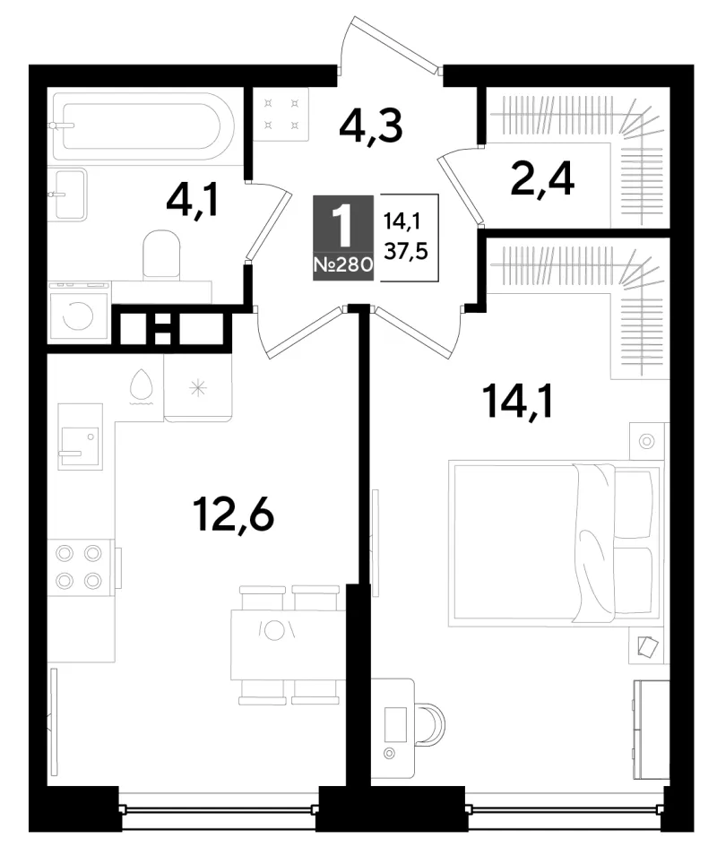 1-комн. 37.5 м²