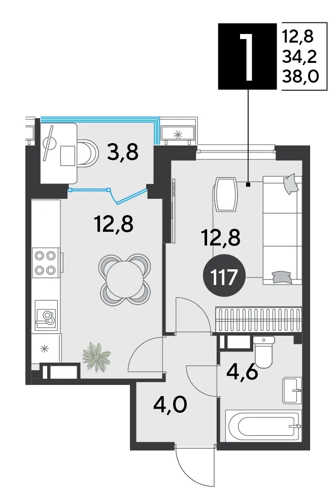 1-комн. 38 м²
