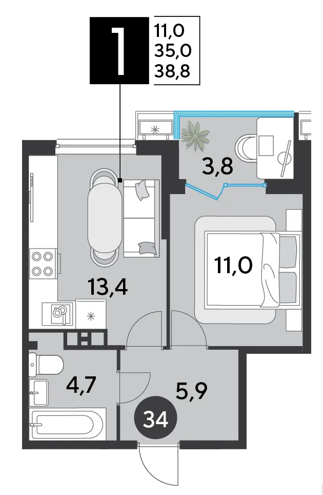 1-комн. 38.8 м²