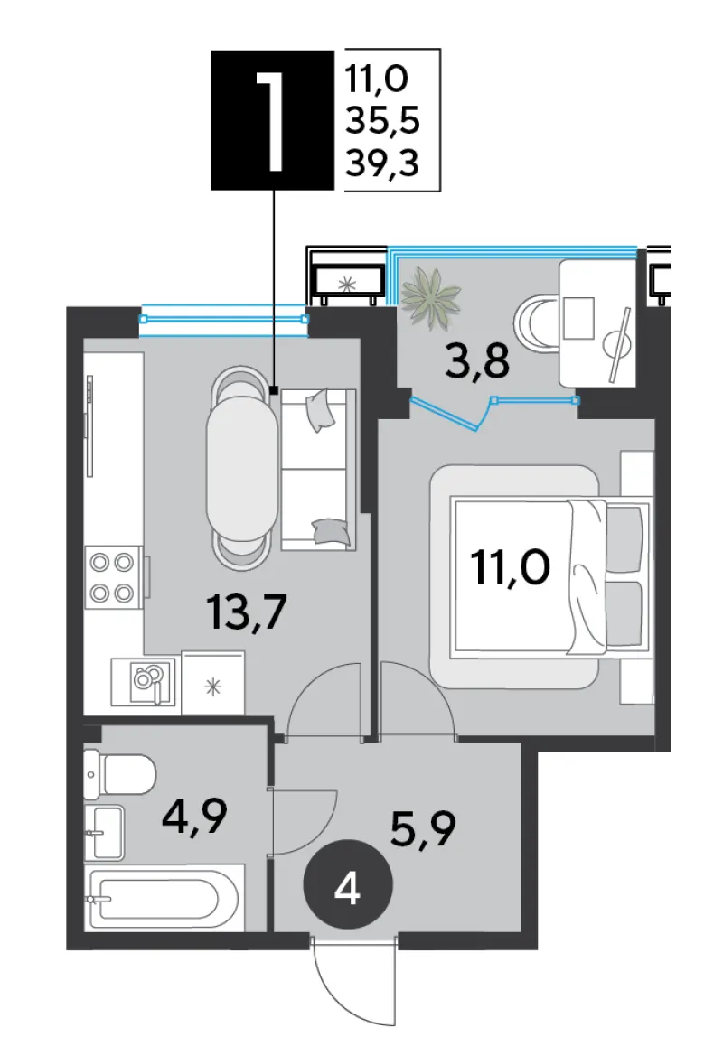1-комн. 39.3 м²