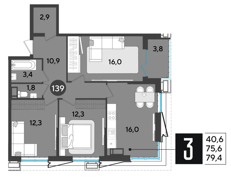 3-комн. 80.1 м²