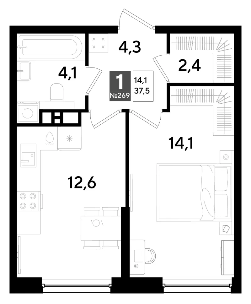 1-комн. 37.5 м²